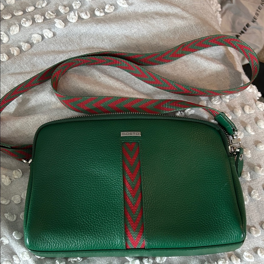 Gosto Kelly Green Pebbled Leather Crossbody Bag with Red Accent Strap